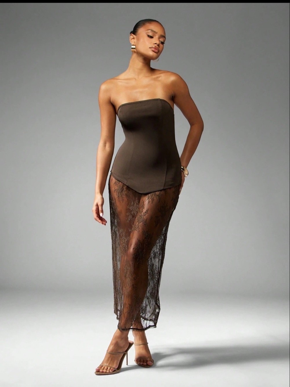 Missguided Strapless Brown Lace-Overlay Corset Dress